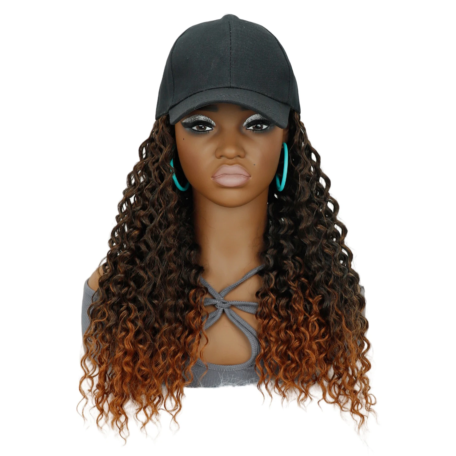 

Synthetic Hat Wig for Women Short Hair Baseball Cap with Curly Hair Adjustable Black Brown Red Ombre Color Easy to Wear