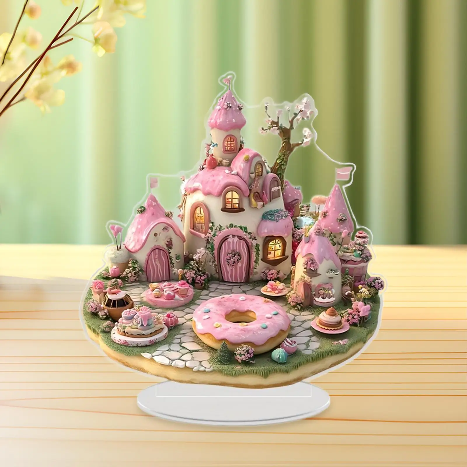 2D Flat Fairy Tale Pink Cake House Table Sign Tabletop Ornament Waterproof Accessories Holiday Season Decor 7.8x8.2inch