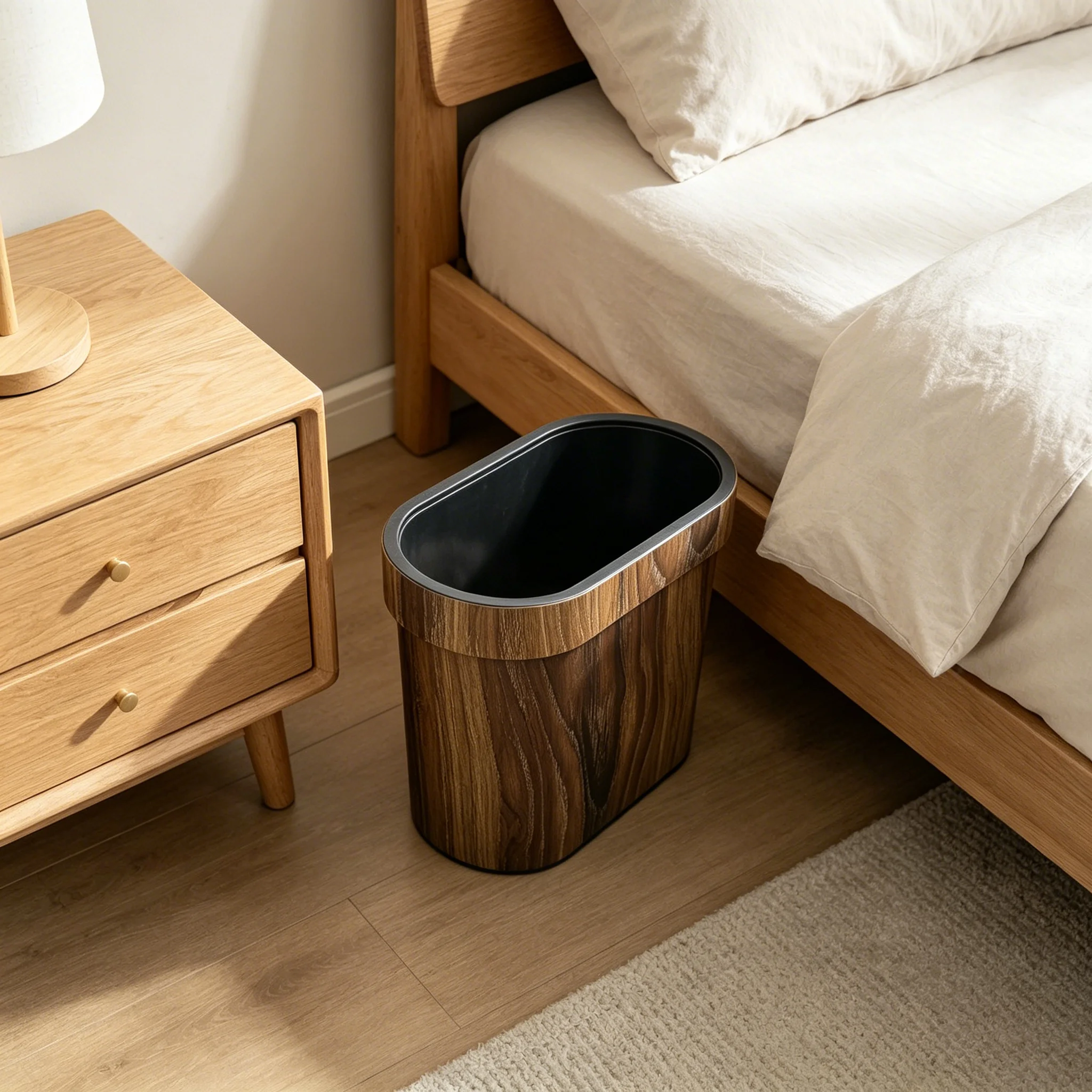 Narrow‑Profile Wood‑Grain Waste Bin with Secure Rim Holder, Slim Oval Decorative Garbage Container for Tight Corners Bedroom Bathroom Home