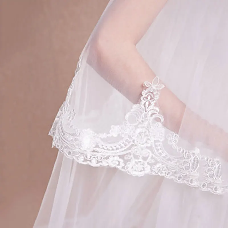 Wit Ivoor Twee-Tier Kathedraal Veils Lace Applique Edge Bridal Veil Met Kam Bruiloft Accessoires Veu De Noiva