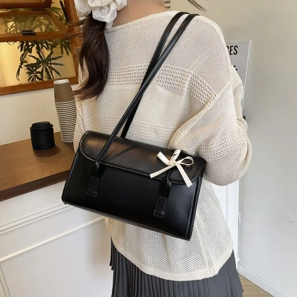 

Versatile Solid Color Bow Ribbons Shoulder Bag Pu Leather Y2k Large Capacity Underarm Bag Leisure Sweet Women's Handbag Daily