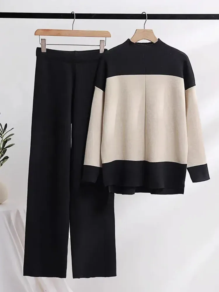 Spring Knitwears 2 Piece Sets Loose Pullover Sweater Ensemble High Waist Wide Leg Pant Suits Soft Woman Casual Conjuntos