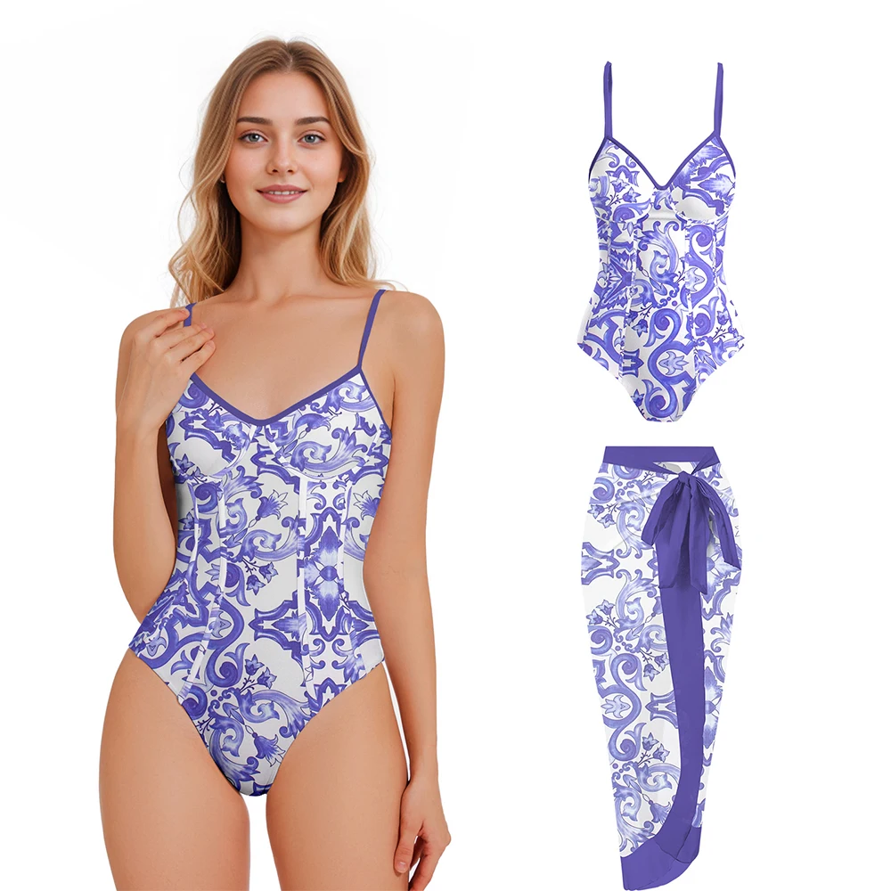 Blue Printed One Piece Swimsuit Women Bathing Suit Female Swimwear Girls Summer Beachwear Swimming  Suit