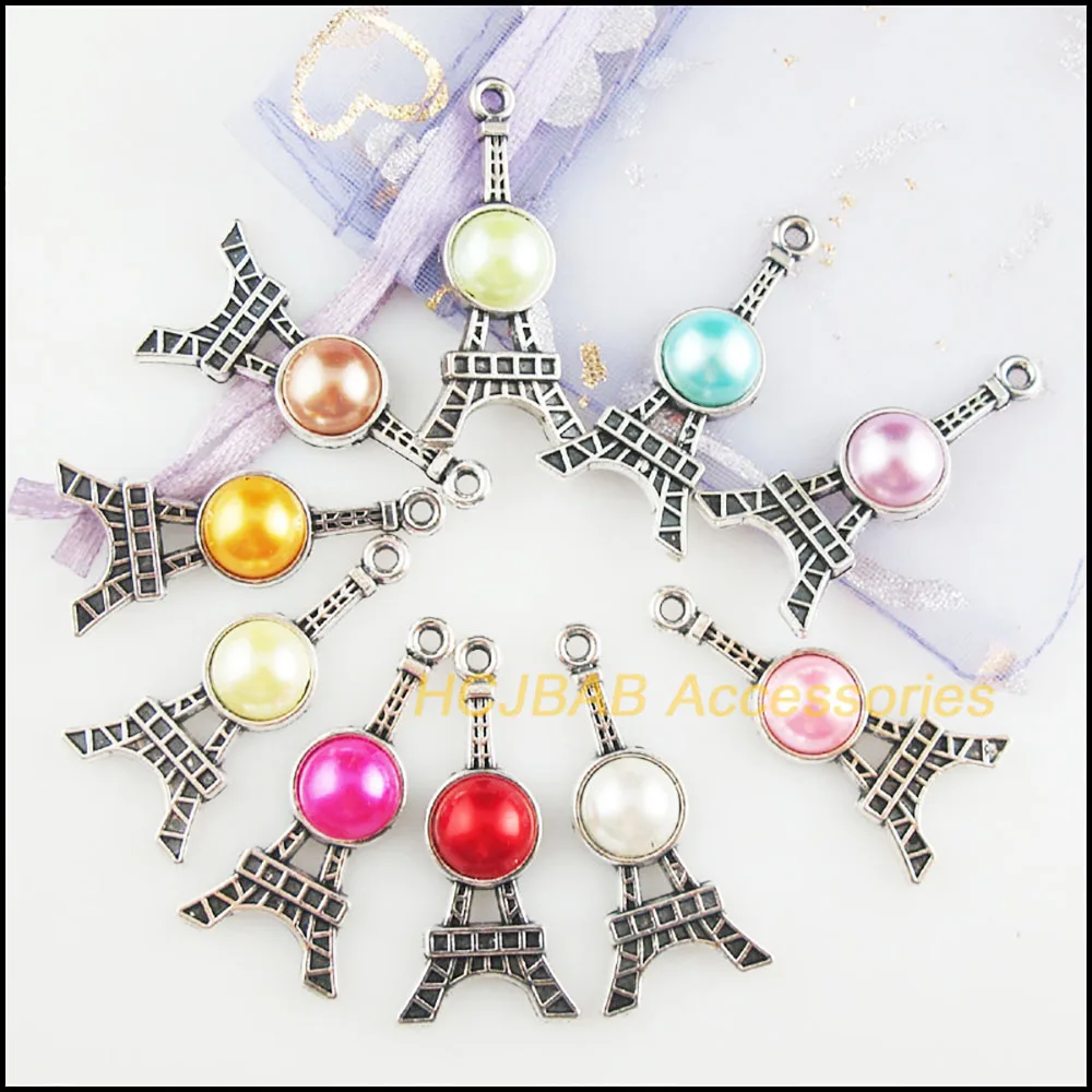 New 10Pcs Mixed Acrylic Charms Oval Flower Eye Tower Tibetan Silver Plated Pendants J238