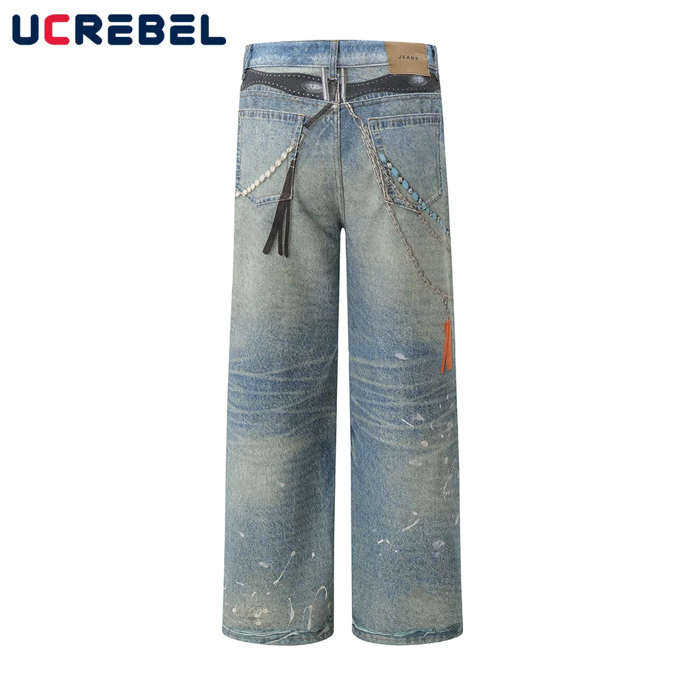 Chain Print Jeans Mens Washed Distressed Hip Hop Streetwear Loose Straight Wide Leg Denim Pants Men