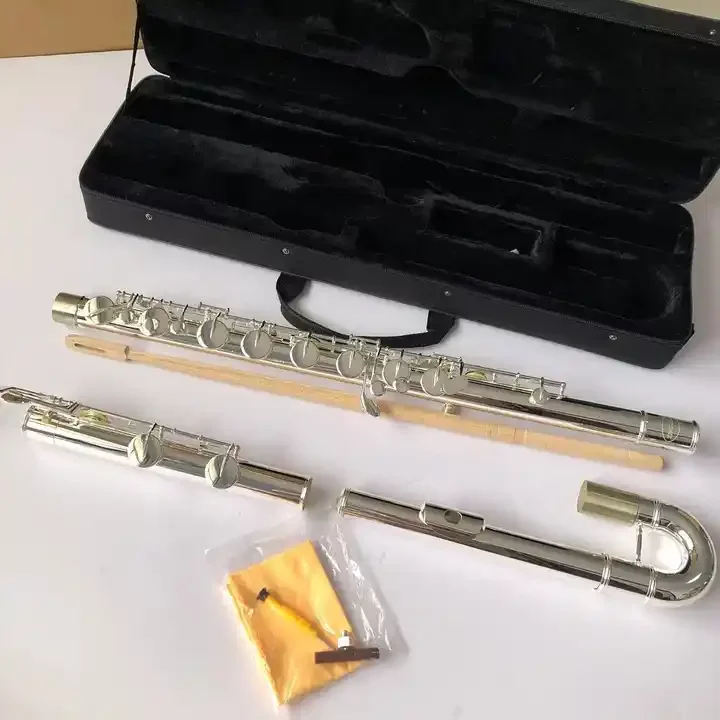 Silver Plated Bass Flute Woodwind Musical Instrument For Professional Performance Practice With Carrying Case