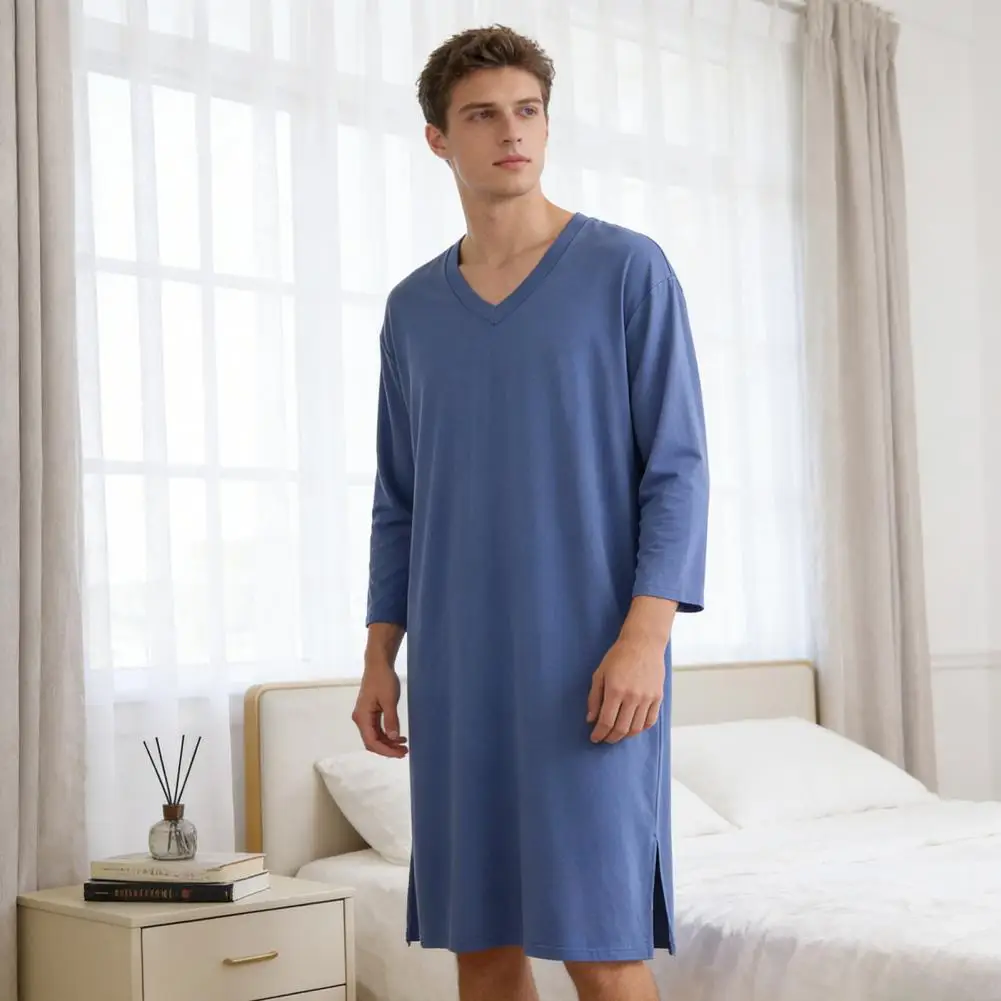 Men Nightgown Modal Fiber Sleepwear Men's V-neck Nightgown Long Sleeve Sleepwear Soft Modal Fabric Robe Casual Loose Fit Home