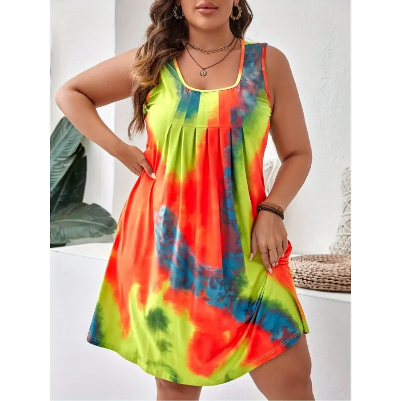 Plus Size Women 1XL-5XL Fashion Sleeveless Tie Dyed Dress Ladies Pleated Fashionable Knee Length Skirt Breathable Dress