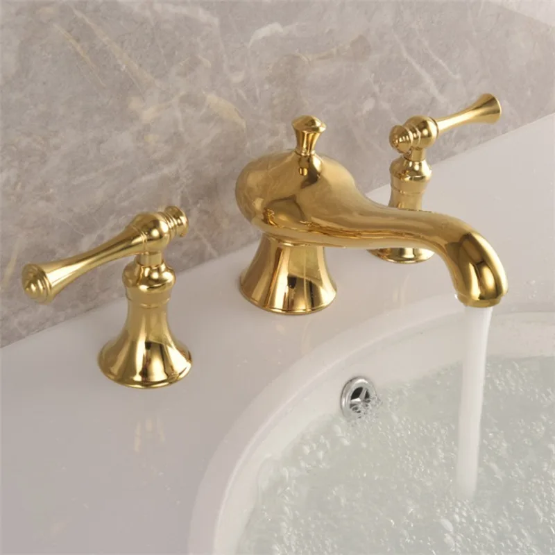 

Antique magic lamp basin faucet full copper gold split three-hole hot and cold water faucet bathroom three-piece set FT1006