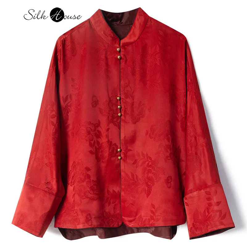 

2025 Women's Fashion New Chinese Stand Up Collar New Year Red Peony Jacquard HuaLuo 100% Natural Mulberry Silk Long Sleeve Top