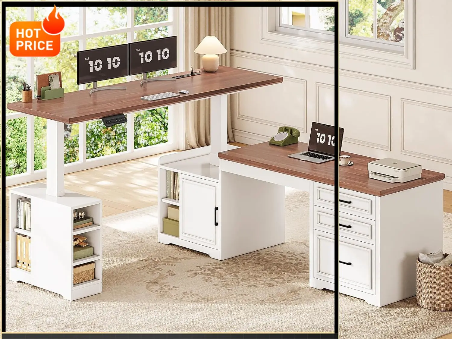 

BestsellerFarmhouse L Shaped Electric Standing Desk, 63" x 67" Height Adjustable Home Office Executive Desk with Drawers and She