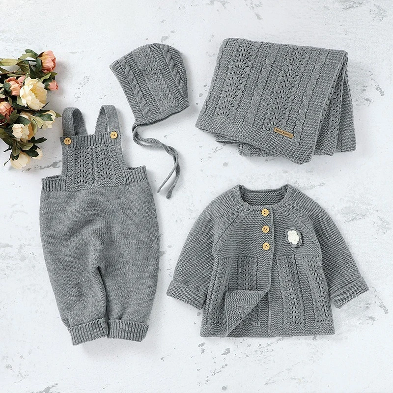 Somenie Baby Girls 4Pcs Solid Clothes Set Cardigan Sling Romper Hat Swaddle Blanket Newborn Infant Daily Outfit