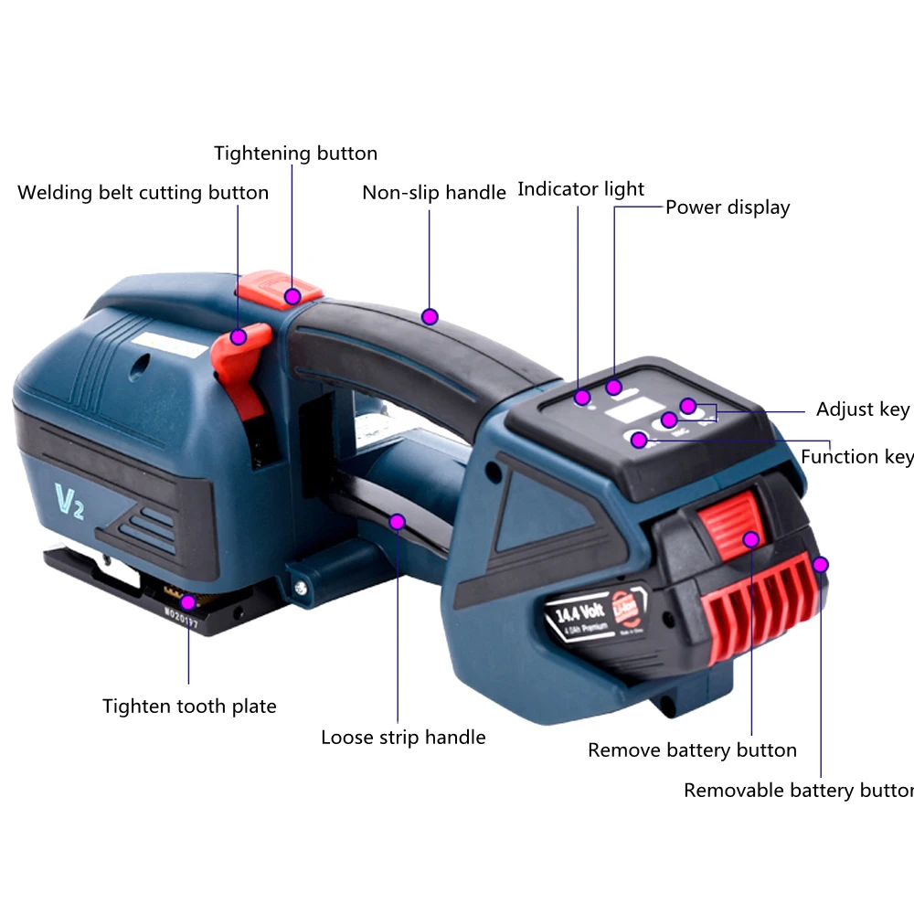 Mesin Strapping Elektrik Portabel Model V2 untuk Alat Strapping Elektrik Genggam Tali PET PP Lebar 1/2-5/8 Inci