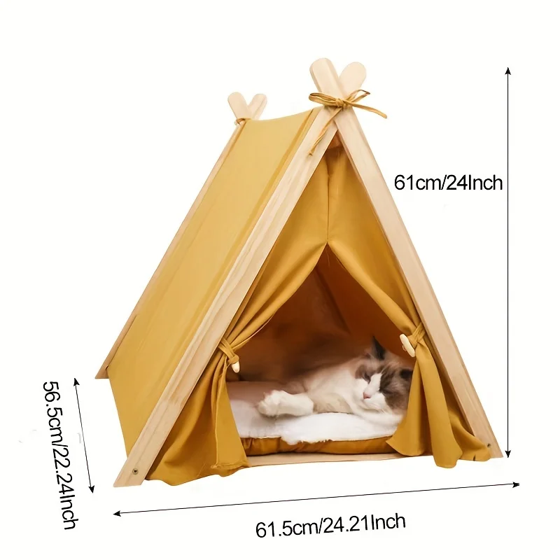 Wooden Cat Dog Teepee Tent Cozy Solid Wood Shelter with Luxurious Thick Mat Portable for Indoor Outdoor Fun