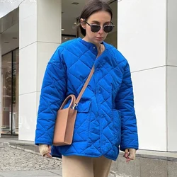 2022 new autumn and winter long-sleeved thick fashion single-breasted casual loose warm blue round neck cotton jacket women