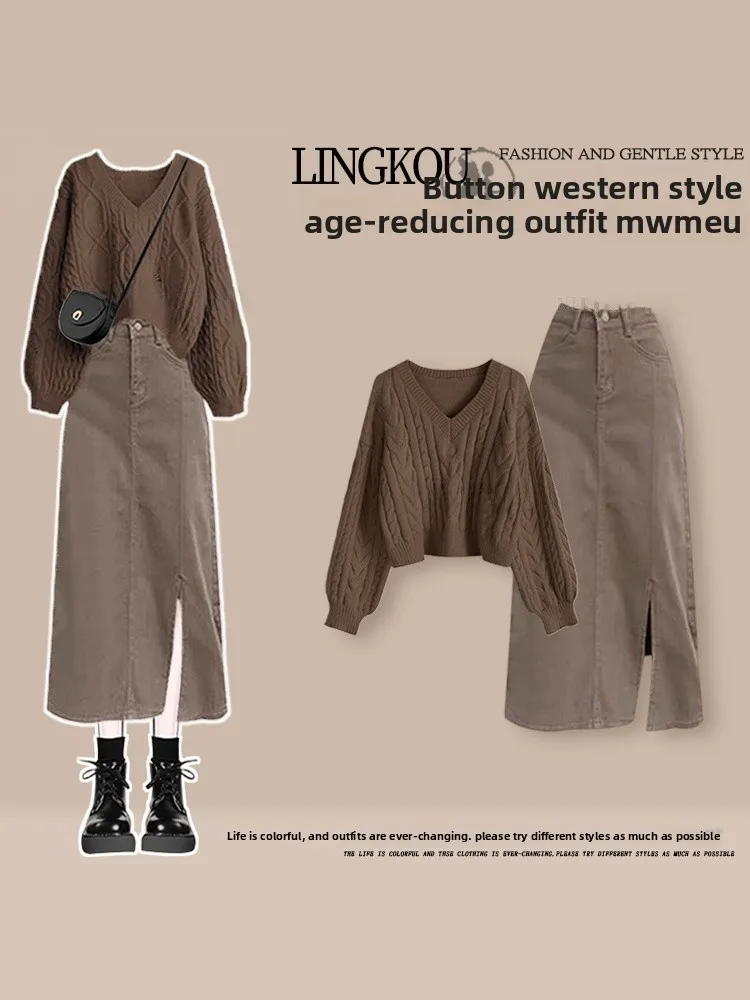 Vroege herfst vintage damesfaion-set met V-hals trui en spijkerrok met split, middeldun lang Sve-T-shirt