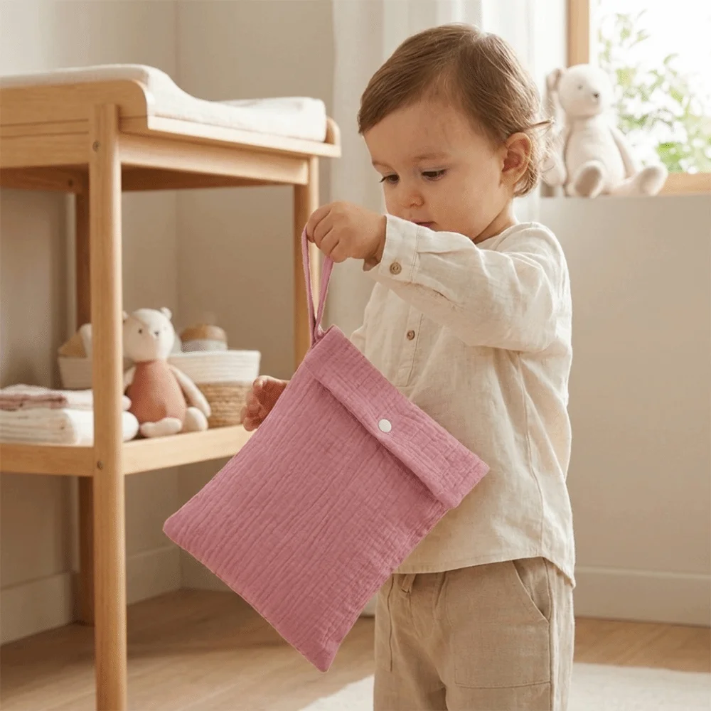 Muslin Cotton Gauze Baby Diaper Bag Portable Solid Color Mommy Bag Multipurpose Lightweight Travel Organizer Pouch Outdoor