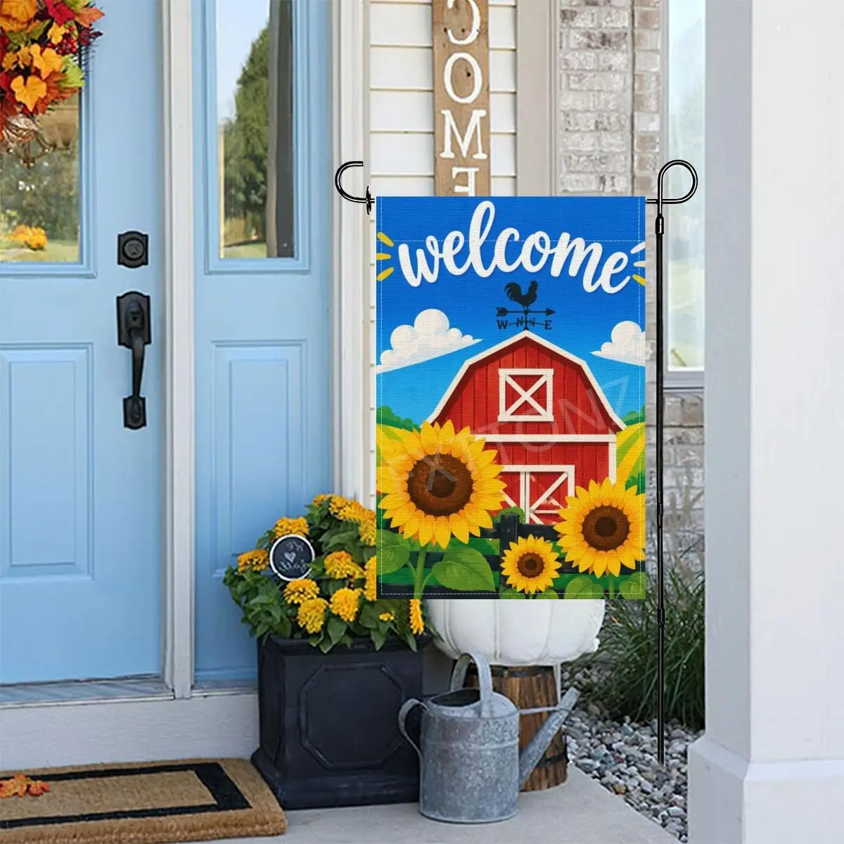 Welcome Garden Flag 12x18 Inch Double Sided Linen Yard Flag, Red Barn with Sunflowers and Rooster Weather Vane Welcome Sign, yyi