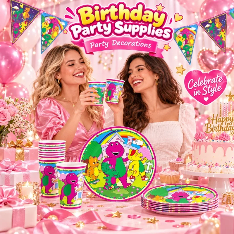Barney Teller Tasse Dreieckige Flagge Happy Birthday Party Dekoration Einweg-Tischgeschirr-Set Charakter-Drucke Bestseller-Zubehör – Detail 3