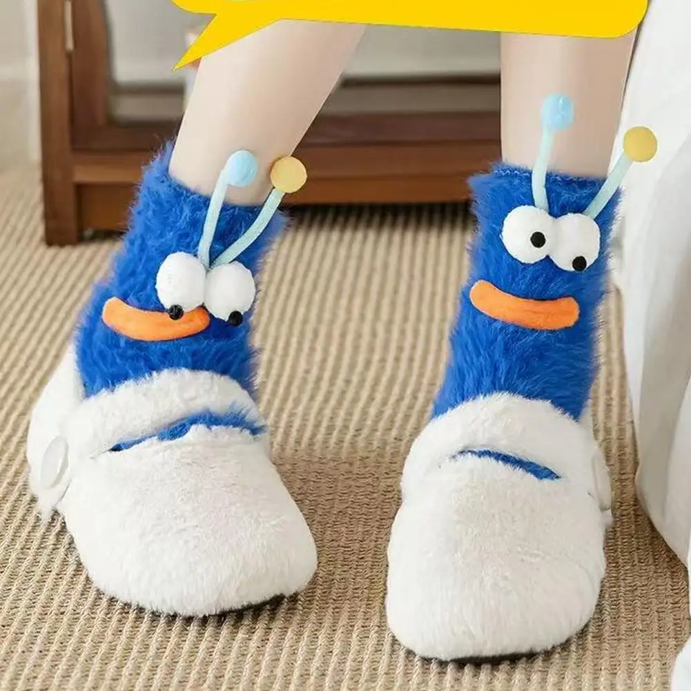 Cute Ugly Big Eye Funny Fleece Floor Socks Coral Velvet Thickened Warm Plush Socks Home Floor Socks Thick Socks for Lady