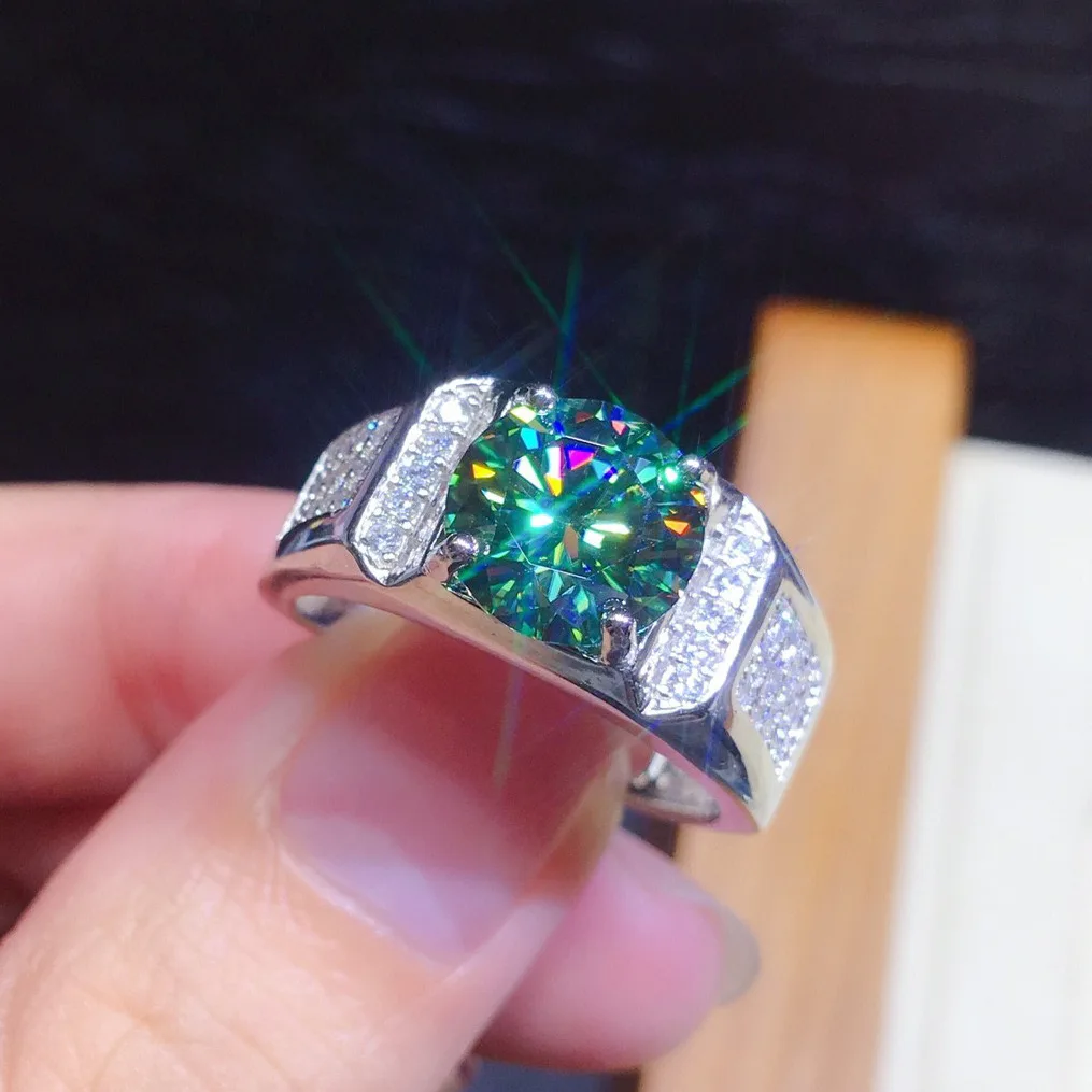 Luxury Full Zirconia Plated PT950 Imitation Blue Green Moissanite Opening Ring For Men And Women Engagement Wedding Jewelry