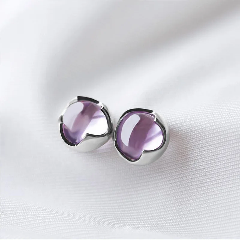 925 sterling silver amethyst stud earrings women\'s simple all-match purple gem ear-caring earrings