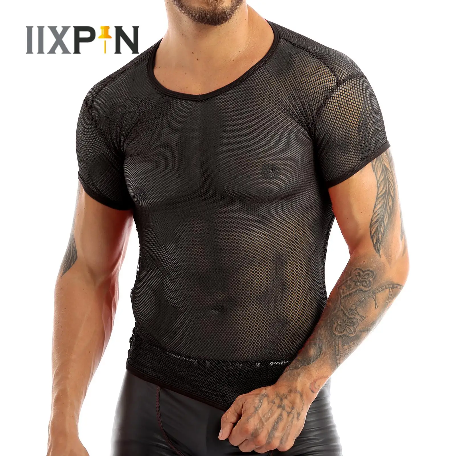 Sexy Mens T-Shirts See Through Mesh Short Sleeves Fishnet Tank Vest Shirt Male Clothes Fashion Party Undershirt Dance Clubwear