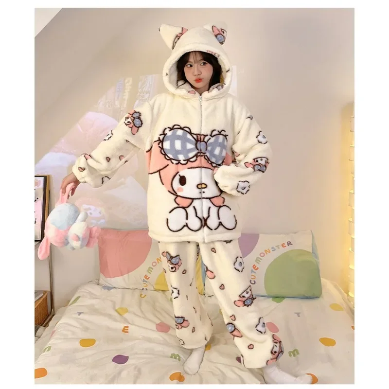 Sanrio Cartoon Hallo Kitty Pyjamas Weibliche Flanell herbst Winter Neue Plus Verdicken Samt Süße Warm Halten Pyjamas set freizeit tragen