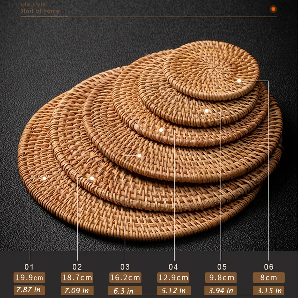 6Pcs Drink Coasters Set For Kungfu Tea Accessories Round Tableware Placemat Dish Mat Rattan Weave Cup Mat Pad Diameter 8Cm
