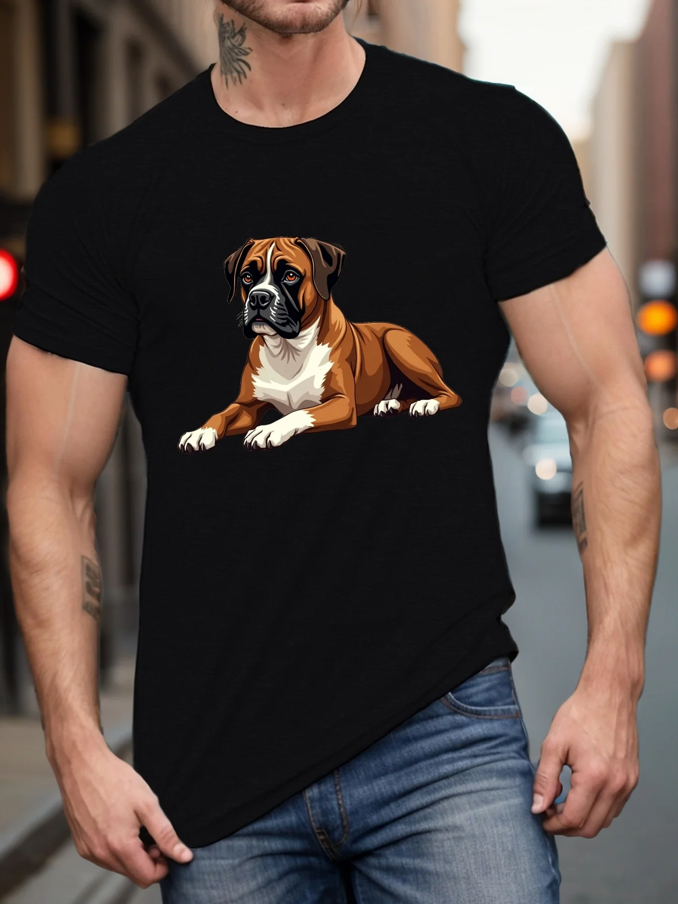 

Boxer Dog Illustration Men's Cotton Graphic Tee Round Neck Short Sleeve Breathable Trip T-Shirt