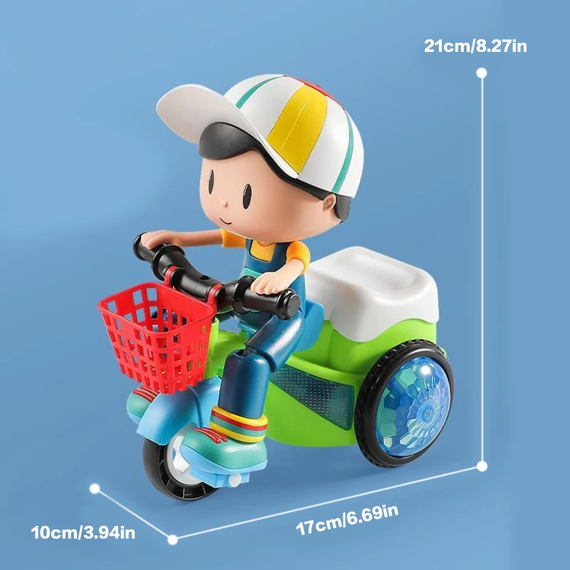 Een schattige kleine jongen die een driewieler rijdt met elektrisch speelgoed, draaiende stunts, geluid en licht, is het perfecte cadeau voor baby's
