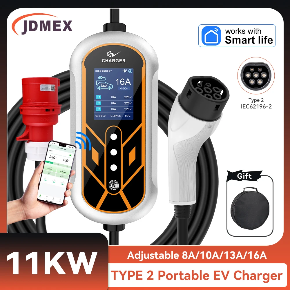 

JDMEX 11 кВт Type2 EV Зарядное устройство Портативный кабель 5 м с беспроводным управлением через приложение 16A 3-фазный IEC 62196-2 EVSE Зарядная вилка CEE