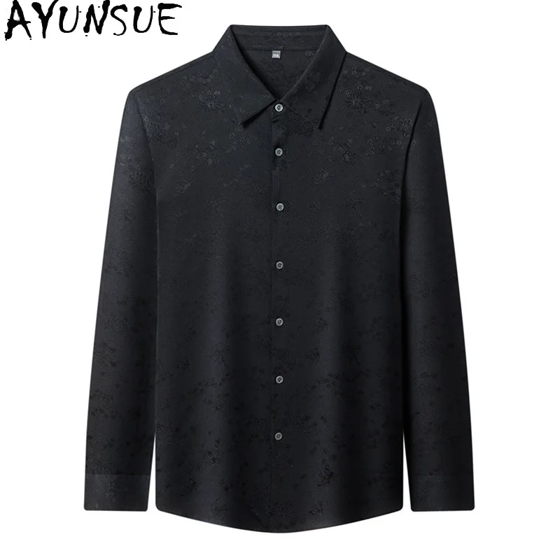 AYUNSUE Men's Long Sleeve Silk Shirt Spring Autumn High-quality Jacquard 95% Mulberry Silk Satin Shirts for Man Breathable Tops