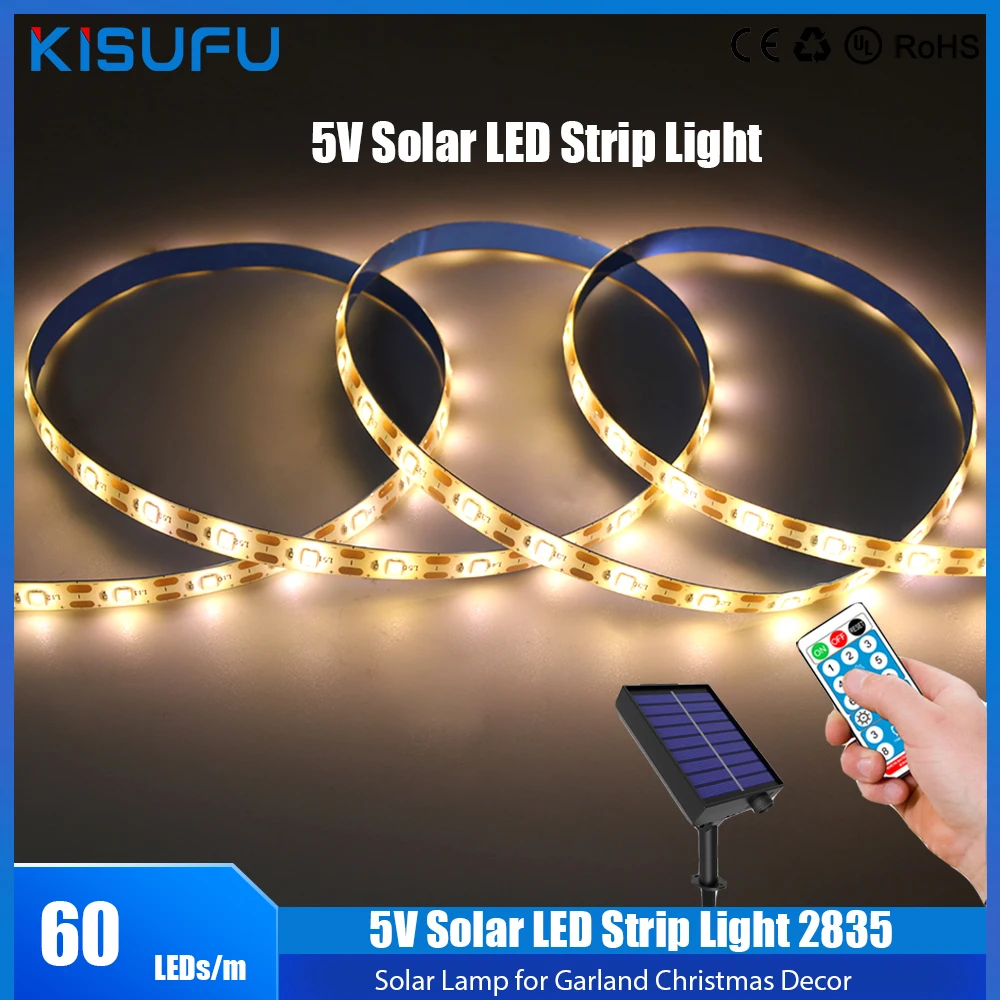 5V Solar LED Strip Light 2835 60LEDs/M Flexible Cuttable Tape Light With Remote Control  Solar Lamp for Garland Christmas Decor