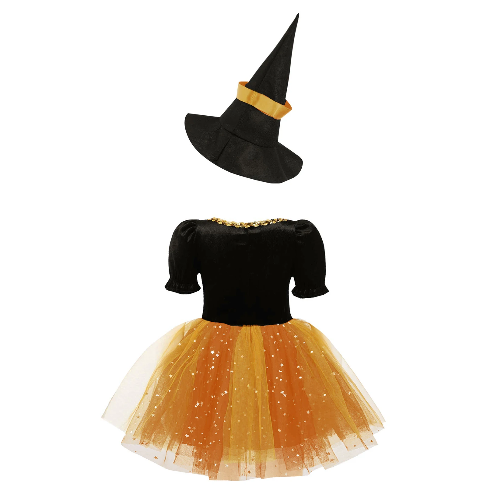 Girls Witch Cosplay Costume Halloween Party Sorceress Roleplay Show Outfit Short Sleeve Glitter Mesh Tutu Dress with Pointed Hat