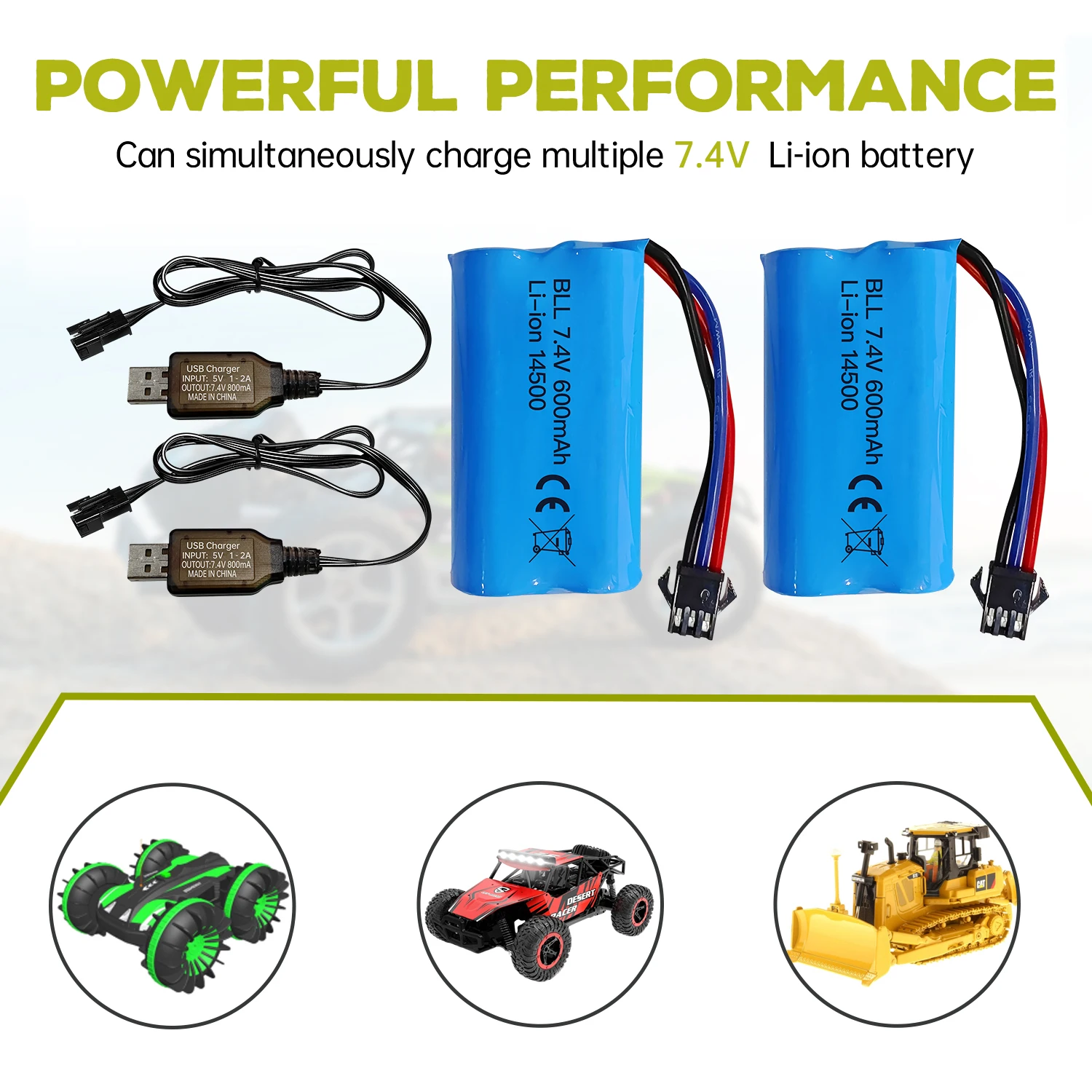 7.4V 600mAh 2S Li-ion Battery SM-3P Plug with USB for DE82 TK3086B G20601 RC Toy Car,TK-3082B Special Effects Flip Car Battery