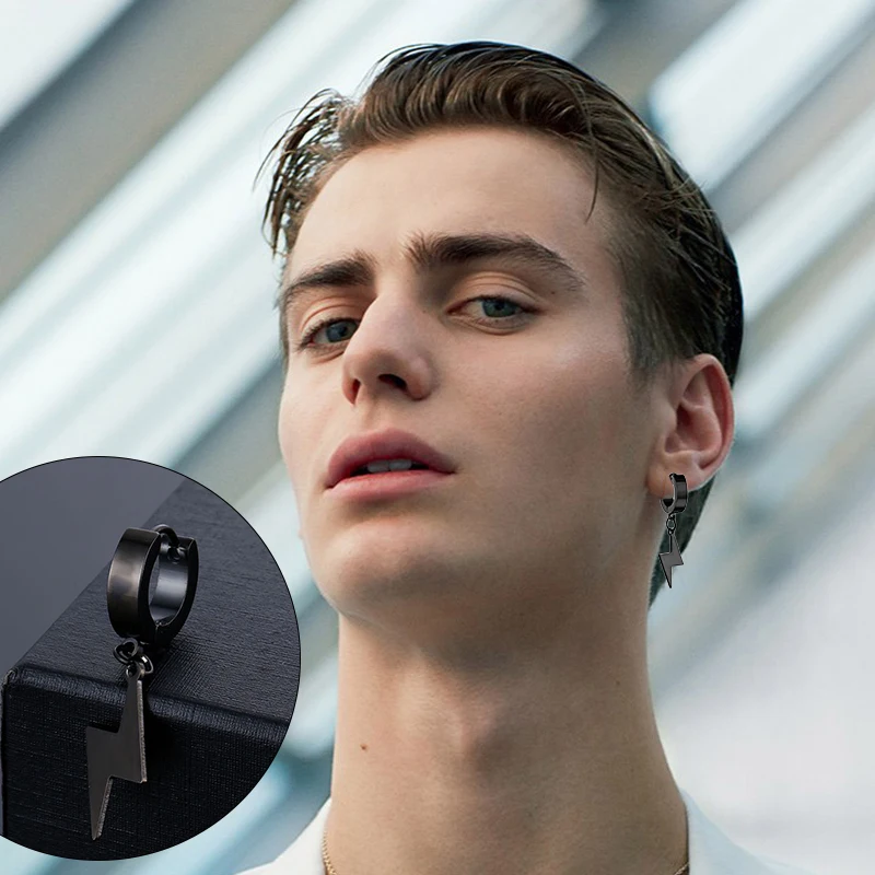 2pc Punk Hiphop Lightning Pendant Stainless Steel Earring korean fashion Women Men Circle Ear Stud Earring Jewelry Ear Accessory view 4