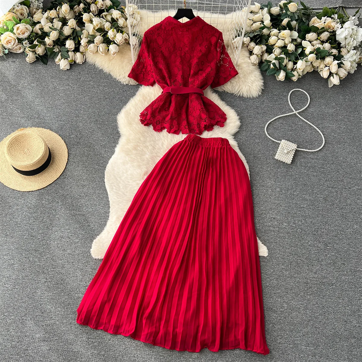 Croysier Vintage Elegant Office Matching Sets Short Sleeve Belted Openwork Lace Shirt And Long Pleated Skirt Sets Womens 2 Piece