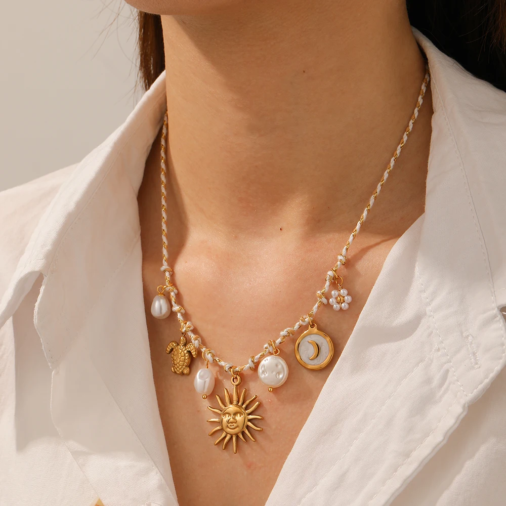 Stainless Steel Golden Sun Face Moon Tortoise Pendant Necklace Lady New Waterproof Yellow White Rope Chain Jewelry