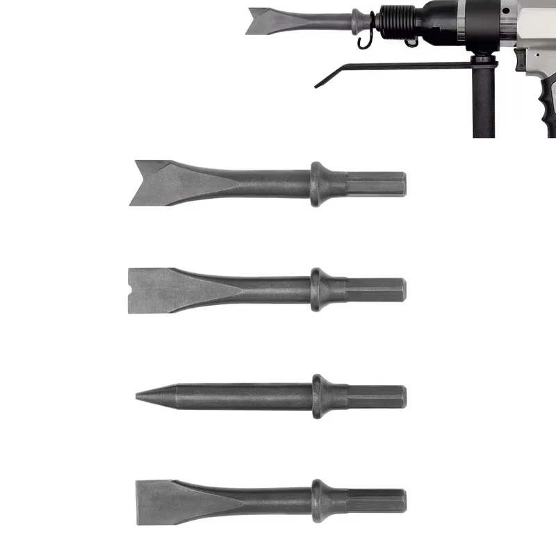 Conjunto de cinzel de martelo de ar, 4 unidades, haste hexagonal, cabeça de impacto de ar resistente para remoção de ferrugem, acessórios de ferramentas pneumáticas de corte