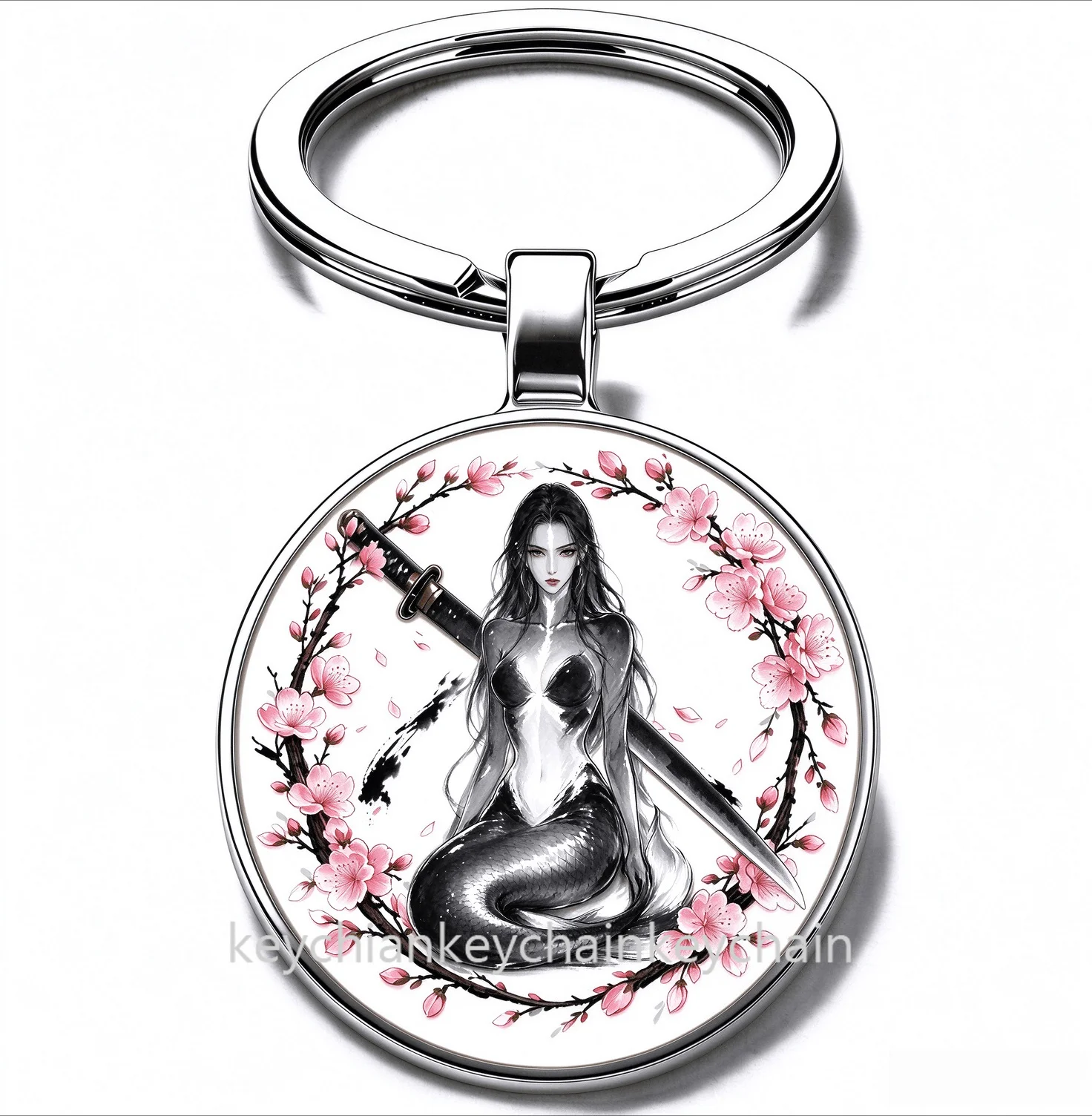 Japanese Mermaid fish Cherry Blossom Katana Keychain Samurai Sword Sakura Wreath Key Ring Car Bag Pendant Men Gift