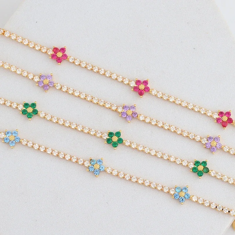 Luxury Rainbow CZ Flower Tennis Chain Bracelet For Women Girls Iced Out Bling CZ Paved Colorful Daisy Flower Bracelet