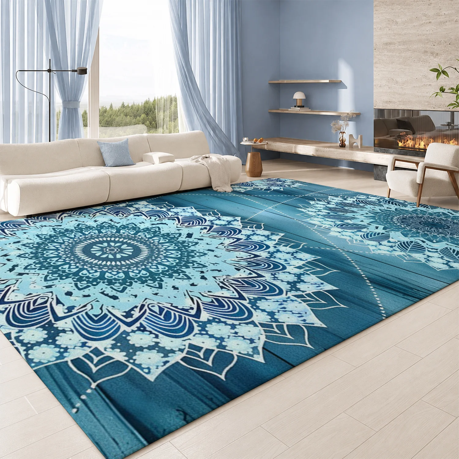 Large Indoor Area Rug, Soft Velvet Low Pile Floor Rug with Non-Slip Dotted Backing, Machine Washable Blue Mandala Pattern Decorative Rug for Living Room, Bedroom, Home Spaces