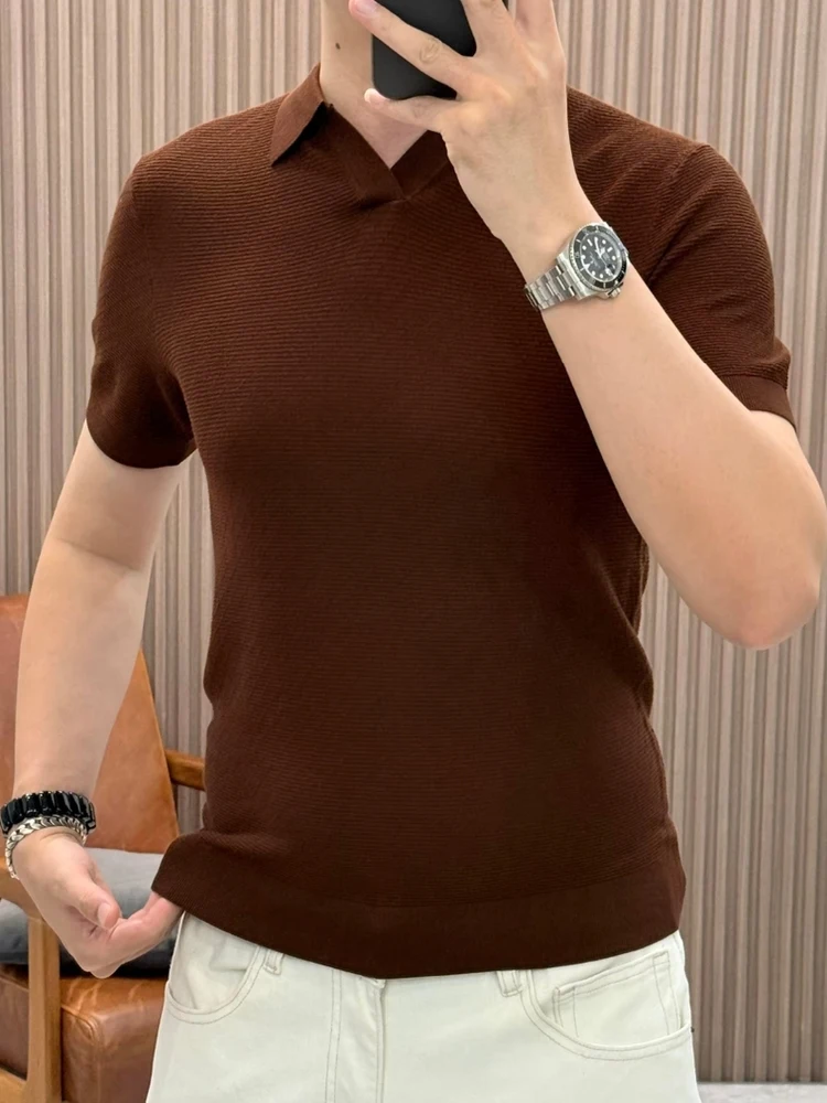 

Summer Men's New Clipper Collar ort Sve Faionable Lightweight Luxury High-End Casual Simple Comfortable Cool T-irt