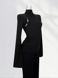 Sexy Women's Slim Fit Long Flare Sleeves Pullover Tops Spring Autumn Unique Hollow Mock Neck Shirt Spicy Girl's Top Inner