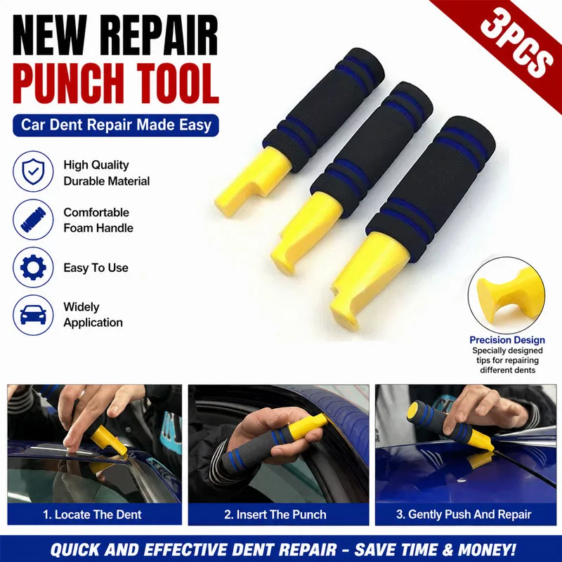 3Pcs Car Door Edge Repair Tools Paintless Dent Removal Flange Crimping Repair Punch Foam Grip PDR Auto Body Shaper Knockdown