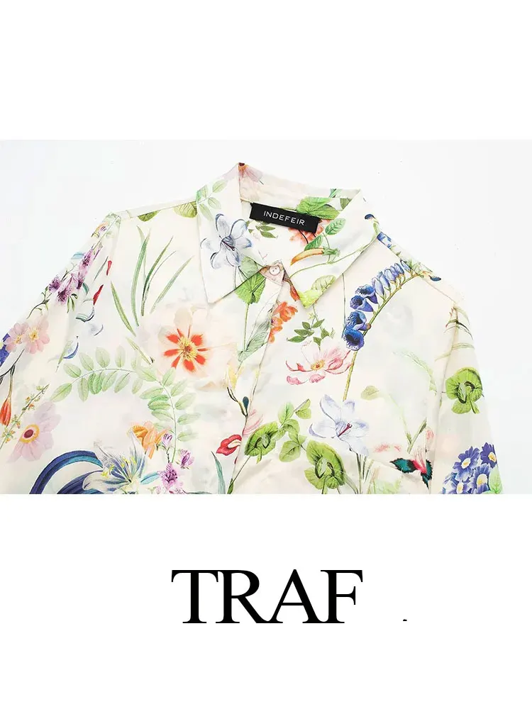 TRAF 2024 Spring Women\'s Fashion Flower Printed Blouse Long Sleeves Loose Lapel Single Breasted Retro Chic Casual Shirt Tops