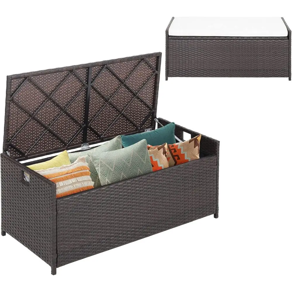 

34 Gallon Outdoor Patio Storage Bench with Wicker Seat Cushion & Protective Liner