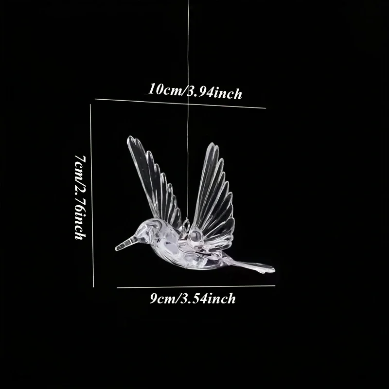 Set of 10/12 exquisite transparent acrylic hummingbirds; requires no power source; perfect for home decoration; comes with cords