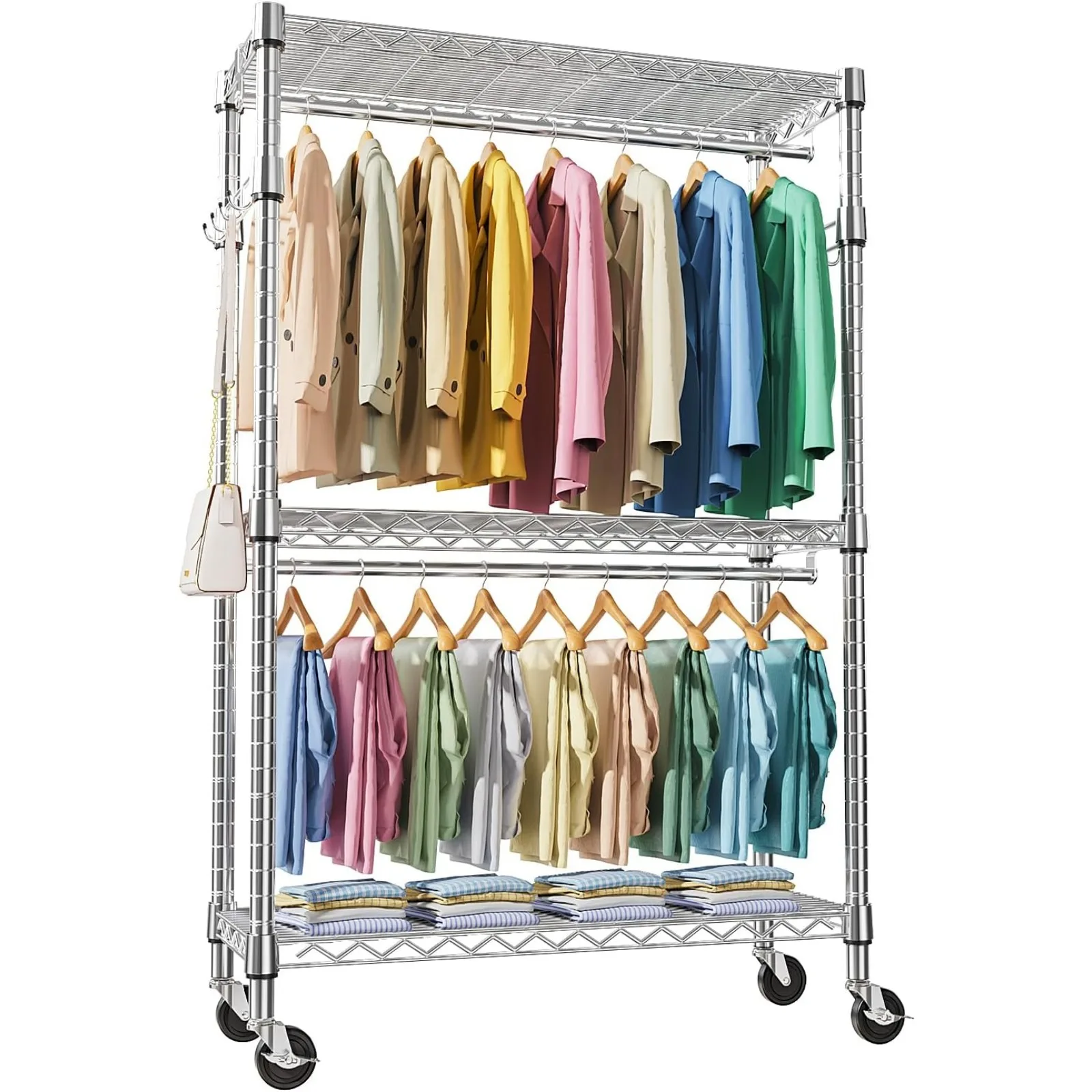 US Heavy Duty Rolling Garment Rack 3 Tiers Adjustable Wire Shelving Clothes Rack with 2 Rods and Side Hooks, Storage Closet